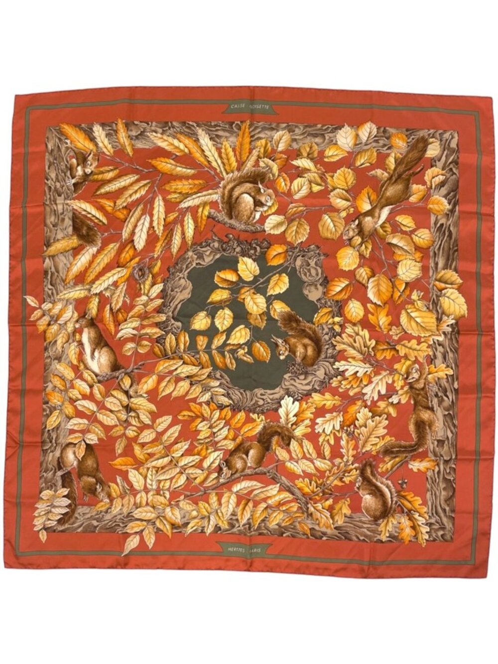 Hermes Carre 90 Casse Noisette Scarf Nutcracker Squirrel Pattern Nut Silk Brown